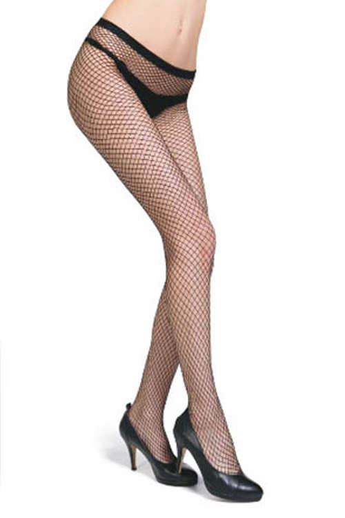 Black Full-Length Large Fishnet Style Stockings With Seamless Design and Solid Black Trim on Wais...