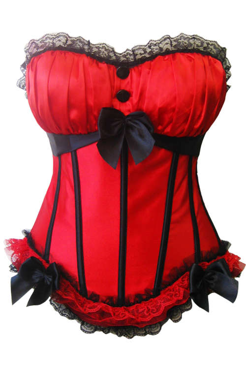 Red Twin Button Corset With Comfortable Bust, Black and Red Lace and Ribbon Detail, and Removable...