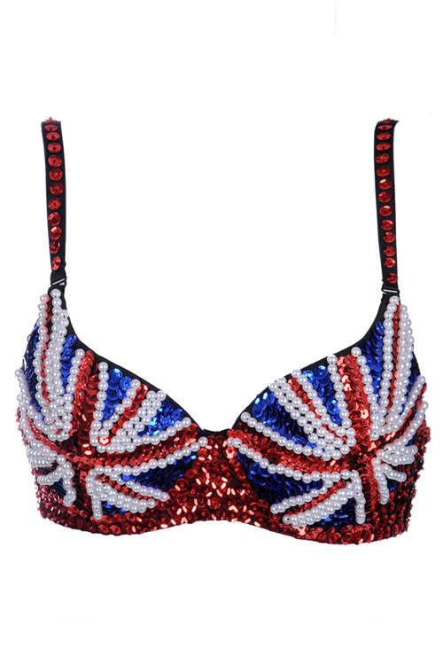 Dazzling Red Blue Accents With White Small Pearls Sequence on a Black Bra Australian Flag Inspire...