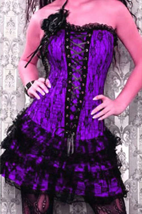 Gorgeous Purple Corset Dress With Floral Lace Overlay and Ruffle-Layered Skirt, Lace-up Front and...