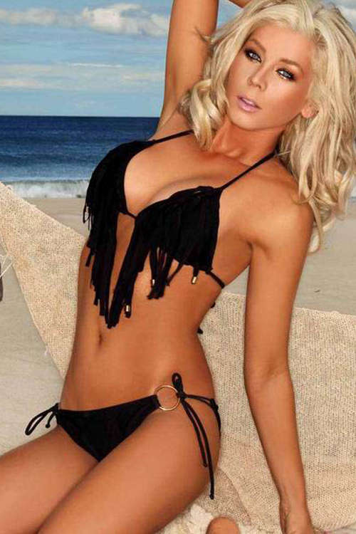Black Halter-style Bikini Swimsuit With Tasseled Fringe Top and Side Tie Bottoms With Gold Hoop D...
