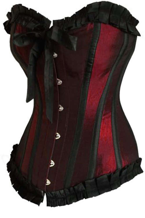 Shimmering Burgundy Victorian Training Corset With Black Ruched Ribbon Trim, Strips and Bow, Fron...