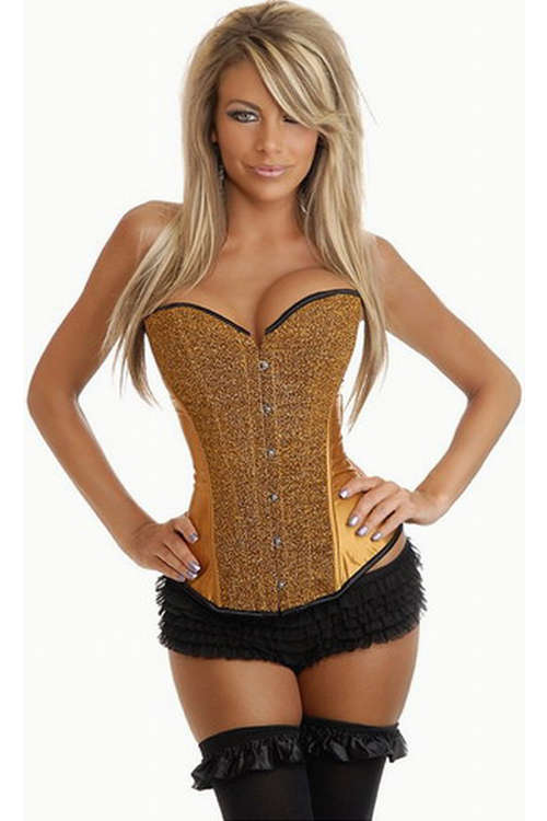 Gold Satin Corset for Clubbing With Shinning Textured Front Panels and Black Trim, Front Busk