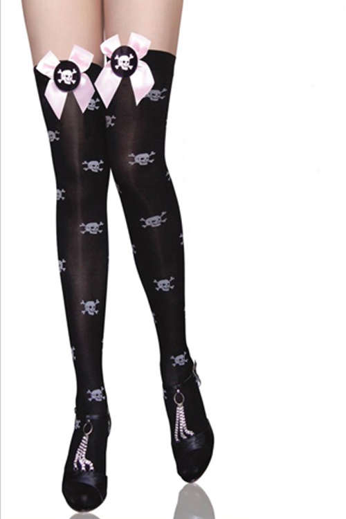 Semi-Sheer Black Thigh-High Stockings With Skulls-and-Bones Pattern and Pink Welt Bows Featuring ...