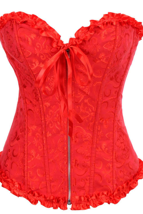 Fiery Red Victorian Corset of Floral Brocade With Ruffle Ribbon Trim, Sweetheart Neckline, Front ...