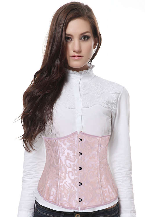 Sexy Ivory Lace Waist Corset With Pink Ribbon Trim and Black Metal Clasps