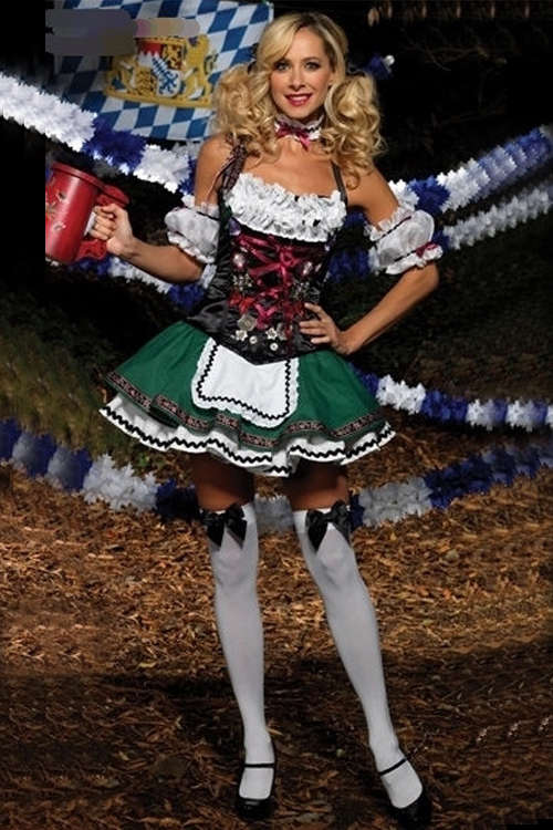 Playfull Cabaret Girl With Glossy White Ruffled Top Gorgeous Bodice and Nicely Layered Green and ...