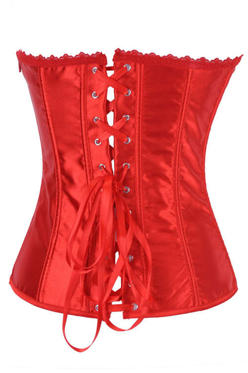 Red Satin Boned Overbust Corset With Red Lace Trim, Red Sheer Bust Panel, and Satin Ribbon Lace-u...