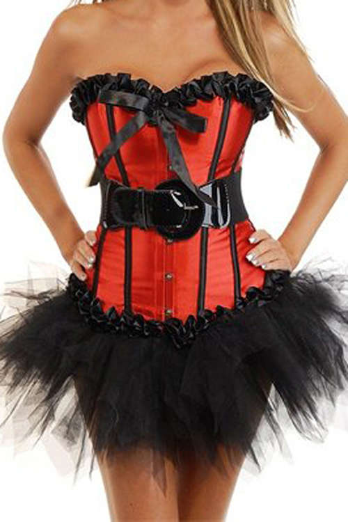 Red Sateen Strapless Corset Dress With Black Trim Detailing and Tutu Net Mini Skirt without Black...