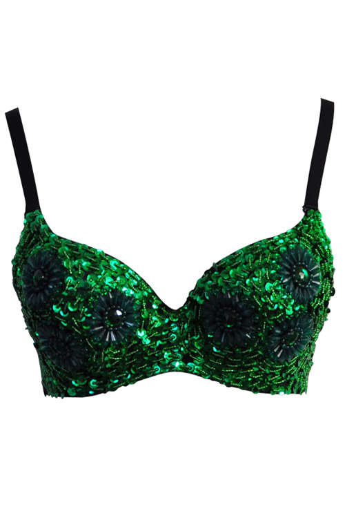 Green Sequin Bra With Beaded Flower, Green Gemstones, Black Trim and Black Straps