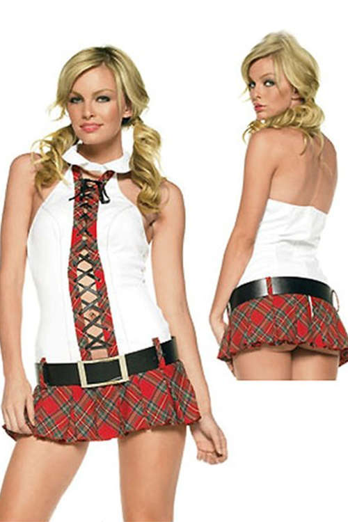 Corsage Detail White Top With Collar and Checked Red School Girl Style Sexy Skirt With Removable ...