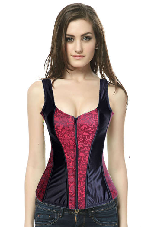 Black Satin Corset With Red Floral Panels, Shoulder Straps, Zip Up Front, and Satin Lace-up Back ...