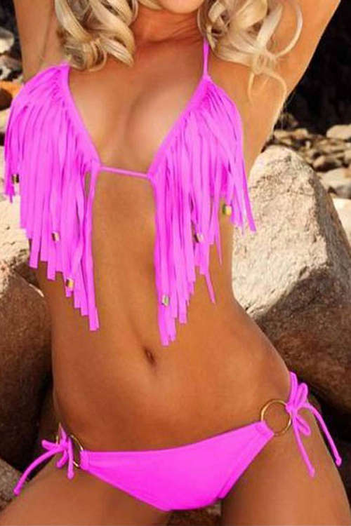 Purple Halter-style Bikini Swimsuit With Tasseled Fringe Top and Side Tie Bottoms With Gold Hoop ...