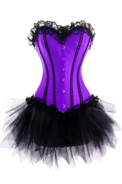Purple Corset Dress With Black Vertical Strip Detail and Tutu Net Mini Skirt