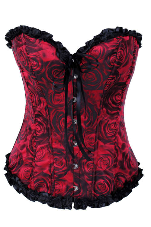 Magnificent Red Bodice Finely Decorated With Faded Black Rose Prints and Smooth Ruffled Edges Seq...