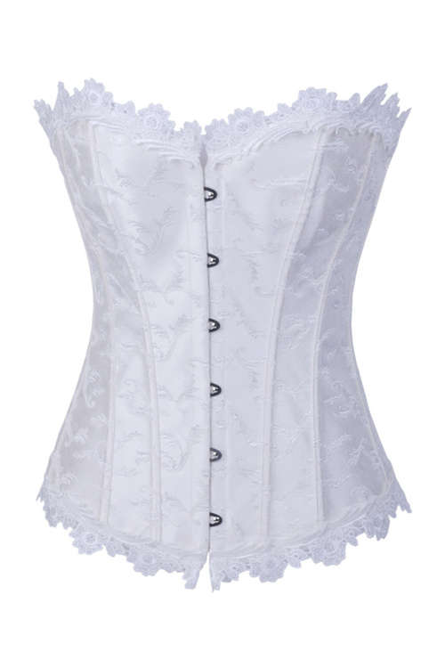 White Brocade Corset With Structured Paneling, Black Metal Clasps and White Lace Neck