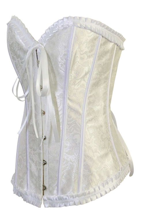 White Satin Floral Brocade Structured Corset Wih Metal Busl Front Closure and Satin Ribbons Back ...
