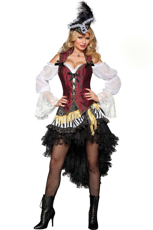 Stunning Victorian Style Maid Costume with High Low Ruffled Skirt and Corset