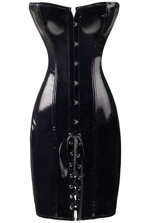 Sexy Black PVC Leatherette Corset Dess with Back Lace-up
