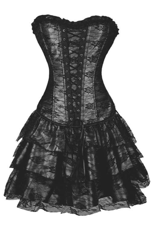 Gorgeous Black Waist Training Corset Dress With Floral Lace Overlay and Ruffle-Layered Skirt, Lac...