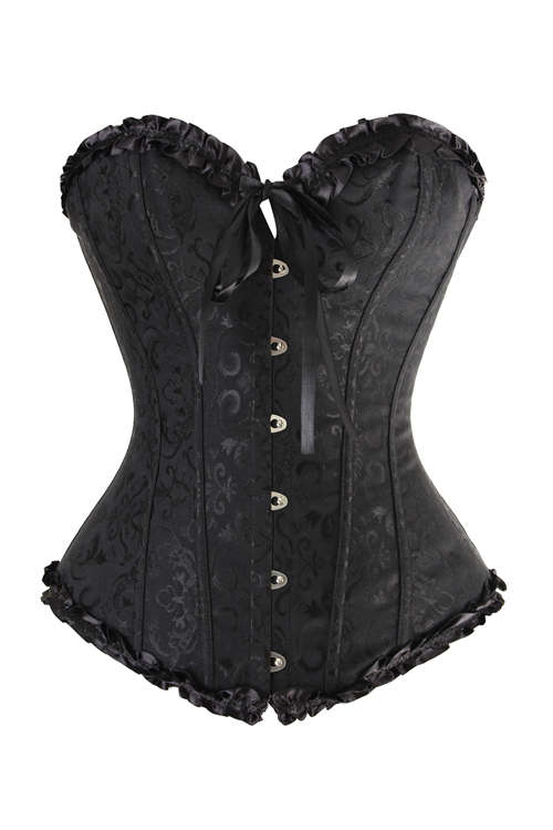 Black Victorian Corset of Floral Brocade With Ruffle Ribbon Trim, Sweetheart Neckline, Front Busk