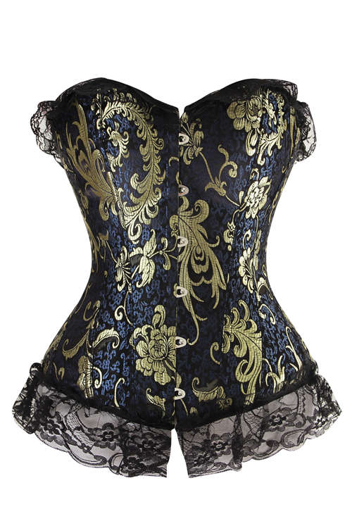 Stunning Midnight Blue Corset With Silvery Gold Floral Pattern and Generous Black Lace Trim, Disc...