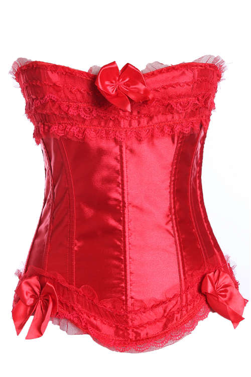Plus Size Red Satin Lace Frilled Corset With Bows, Matching Panty, and Ribbon Tie Back