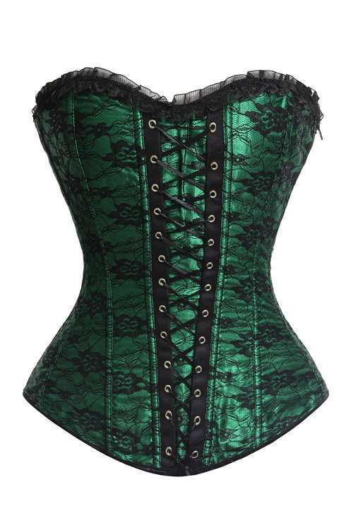 Sexy Green Corset With Black Floral Lace Overlay, Lace-up Front Panel and Ruched Lace Trim withou...