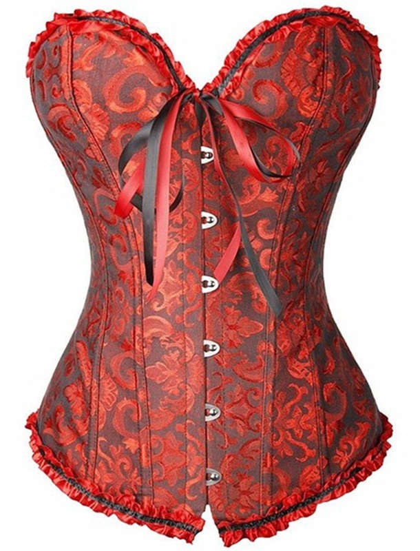 Dark Red Victorian Floral Brocade Corset With Ruffle Ribbon Trim, Sweetheart Neckline, Front Busk...