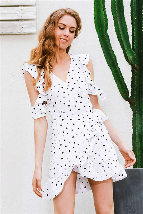 Ruffle cold shoulder polkadot print summer dress Vintage irregular bow wrap short dress Women chi...