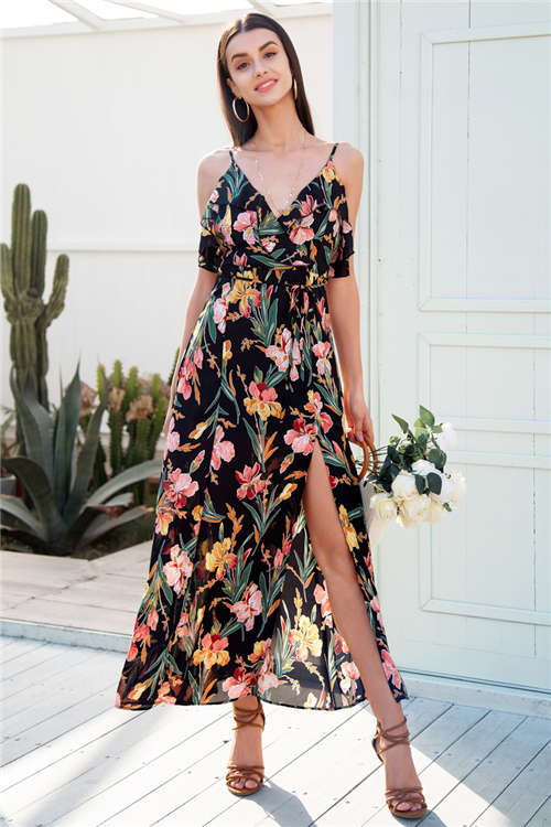 V neck ruffle floral print summer dress women Backless strap boho dress long Sleeveless split max...