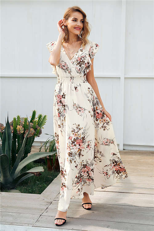 Ruffle backless bow print long dress Women v neck tie up summer dress female Casual beach chic bo...