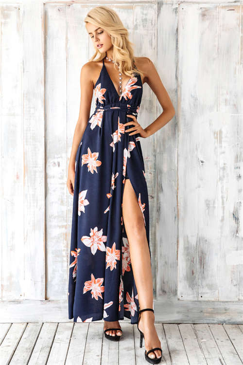 Boho deep v neck backless sexy dress Split cross lace up chiffon summer beach long dress Sleevele...