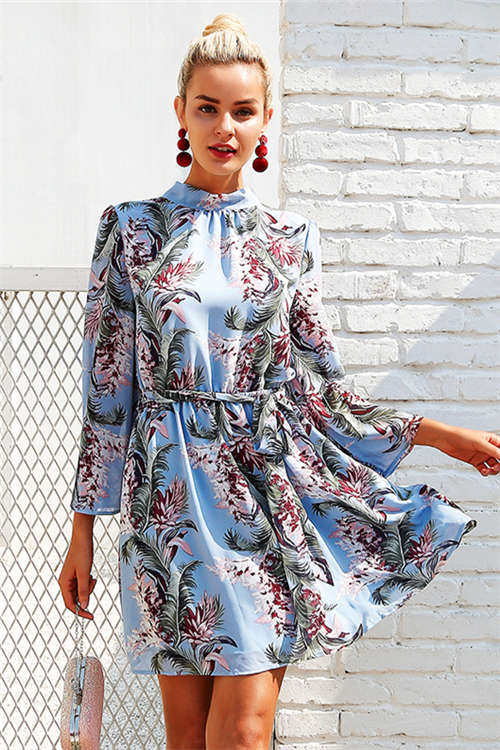 Backless lace up summer dress women Flare sleeve floral print chiffon dress Beach casual short dr...