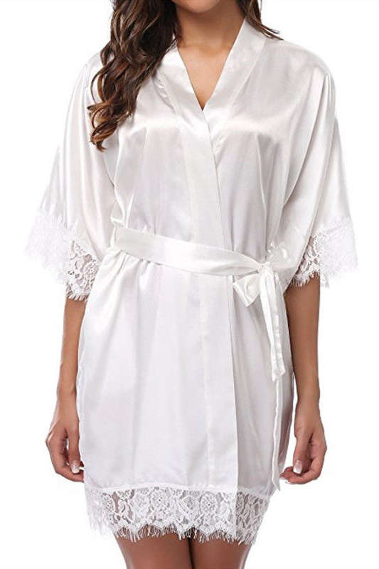 White Ice silk pajamas plus size fat girl nightdress sexy loose lace robe