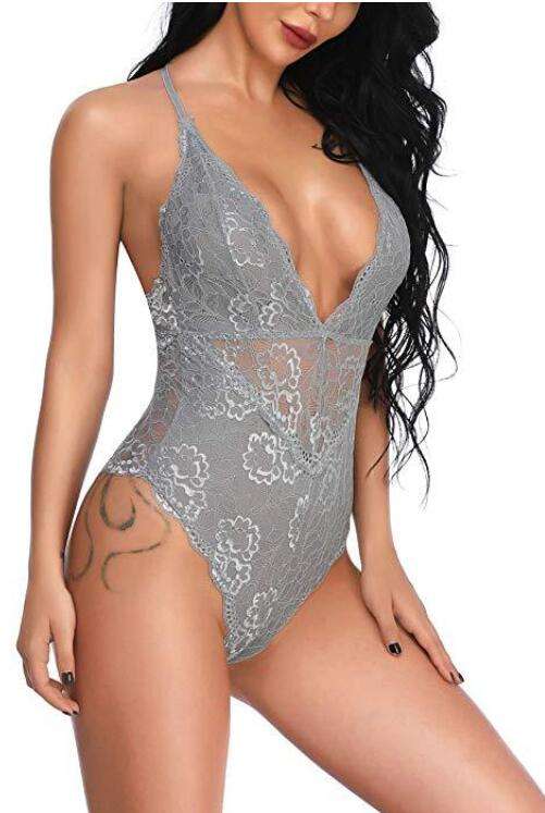 Amazon explosion models silver gray sexy lace stitching mesh gown jumpsuit sexy pajamas sexy ling...