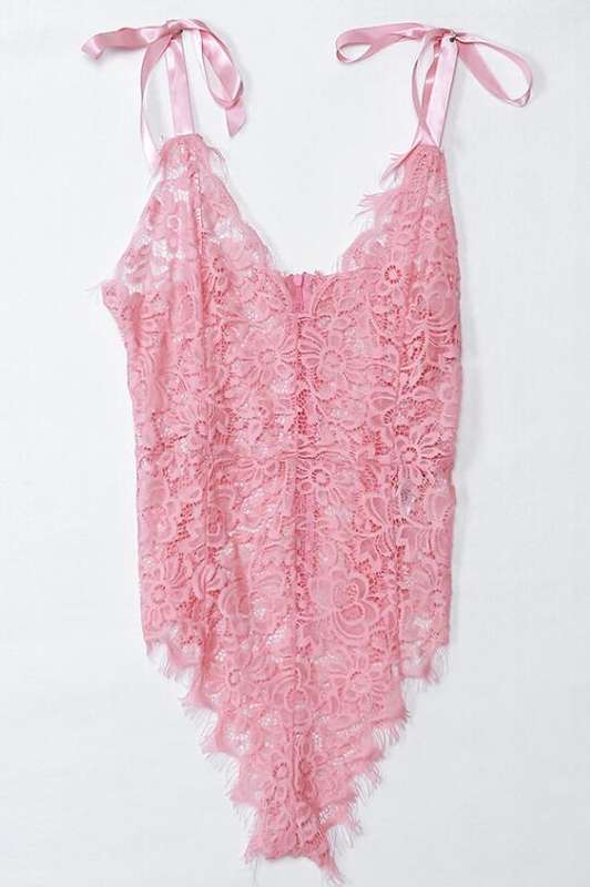 Sexy Pink Floral Lace Eyelash Trim Teddy