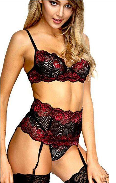 charming red lace bra thongs garters set