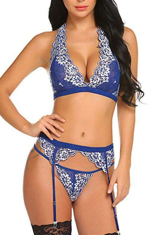 Blue Halter Bralette Top with Panties, Garters set