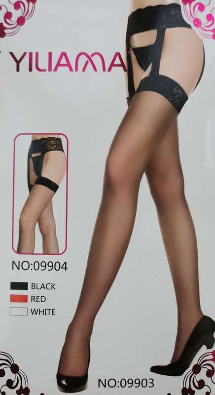 Sheer Nude Thigh-High Stockings With Shadow Welts and Attached Lacy Garter Belt With Criss-Crossi...