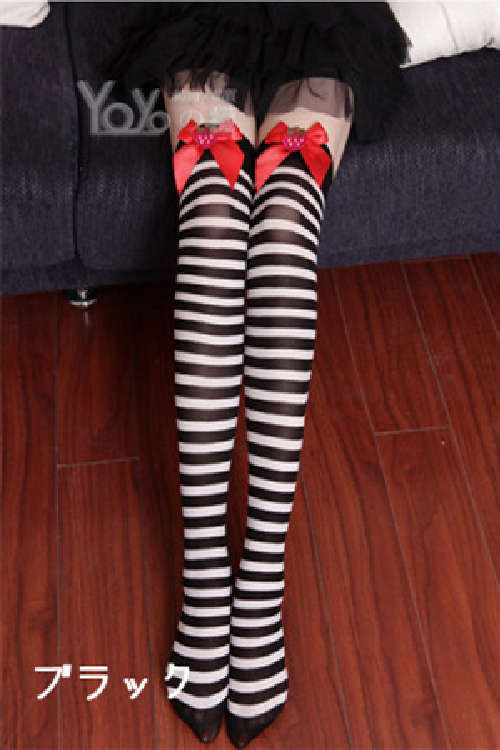 Black and White Vertical Striped Thigh-high Strawberry Shortake Stockings With Upper Red Bow Desi...