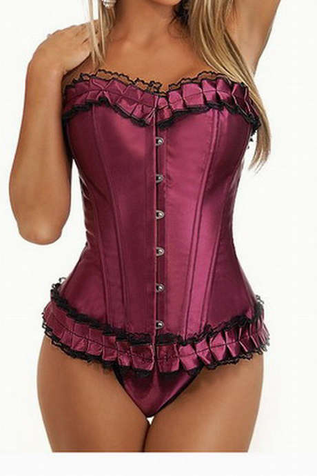Burlesque Bungundy Satin Overbust Corset with ruffled trim
