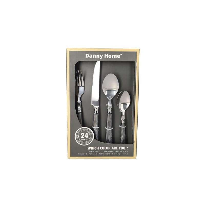 24 Piece Black Marble Cutlery Set