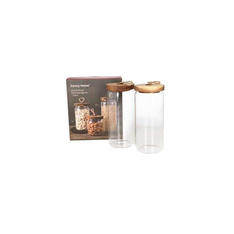 Acacia Wood Glass Storage Jar 2Pcs 1050Ml