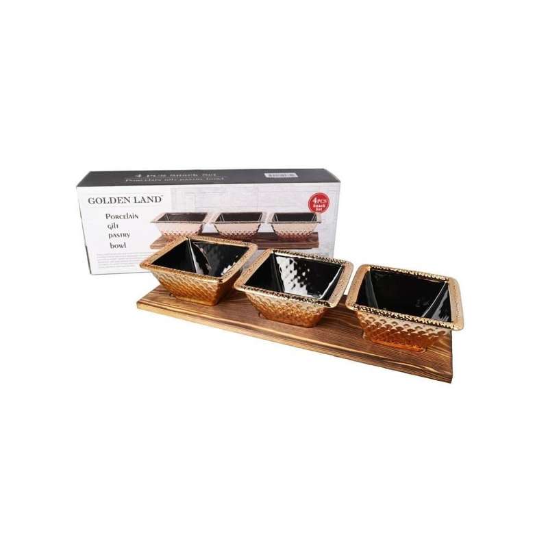 Bamboo Tray Porcelain Pastry Bowls Serveware Set 4Pcs 37Cm