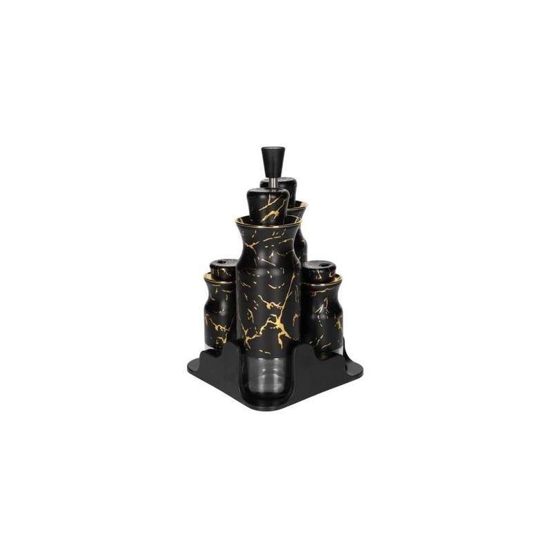 Black Marble Glass Stainless Steel Oil Vinegar Salt Pepper Condiment Seasoning Bottle Set 5Pcs