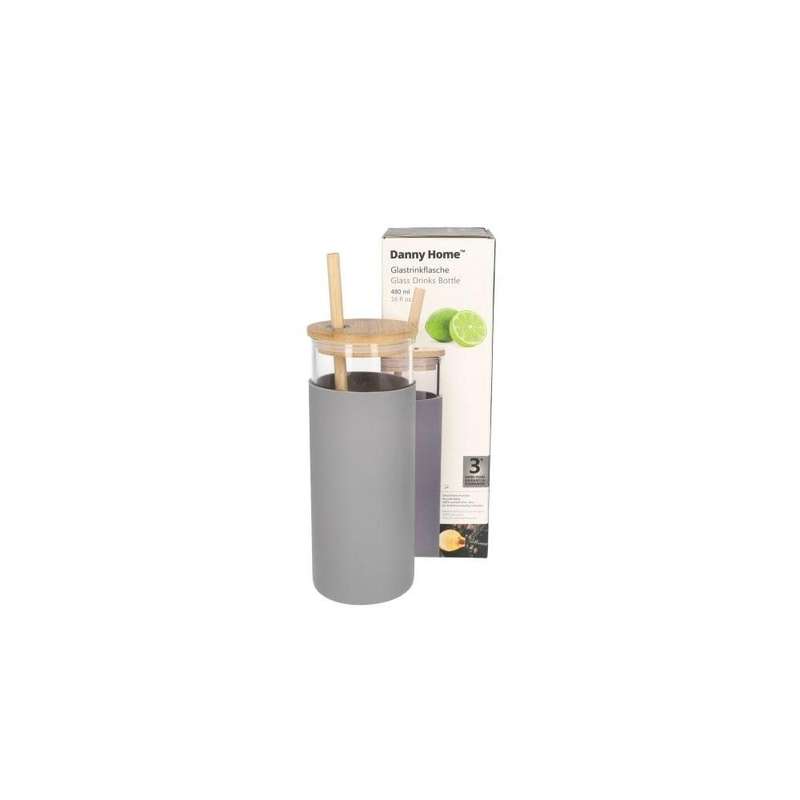 Borosilicate Bottle With Beach Wood Lid Straw 177Cm 480Ml