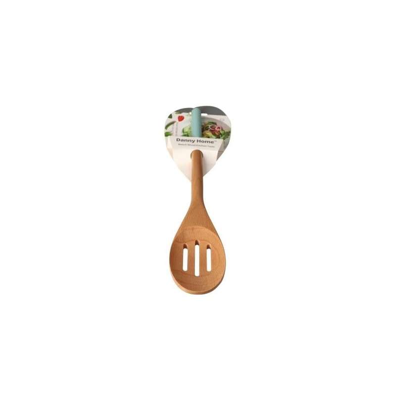 Brown Blue Beechwood Slotted Spoon 33Cm