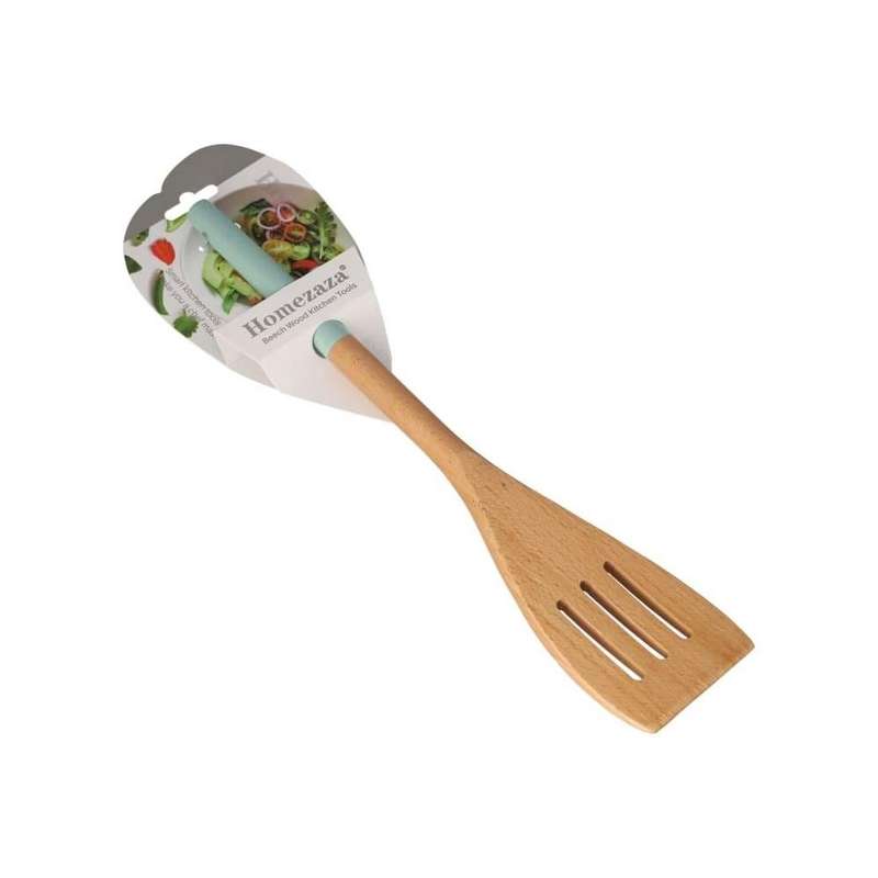 Brown Blue Beechwood Slotted Turner Spatula 33Cm