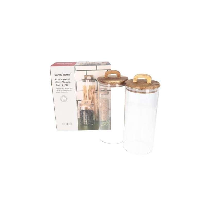 Clear Round Glass Cereal Storage Jar With Acacia Wood Lid 2Pcs 1300Ml 24Cm